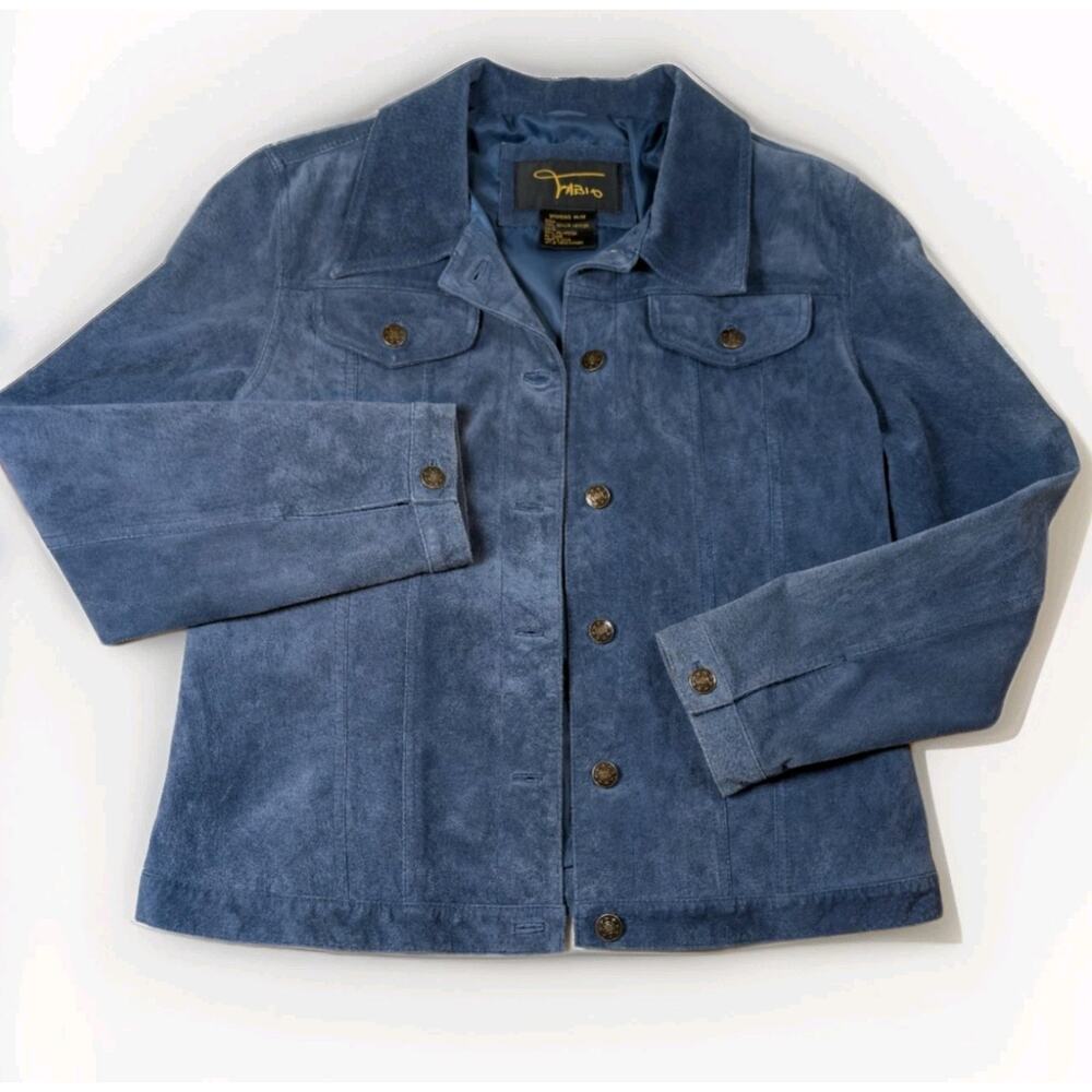 Fabio Blue Suede Washable Leather Jacket Women's M Vintage 90s Short